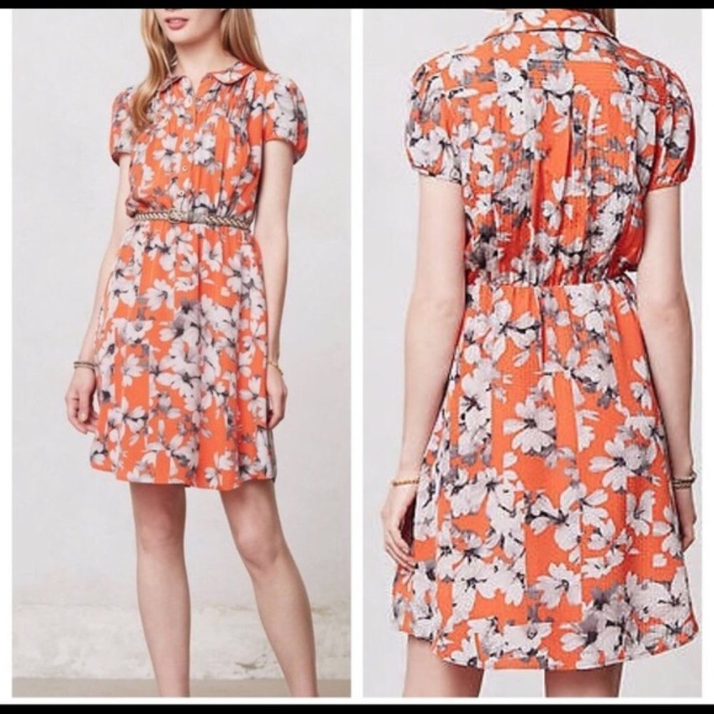 Anthro Maeve Floral Spectrum Orange Day Dress, 14